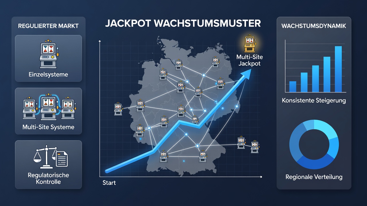 Grafik mit statistischen Wachstumskurven und Synchronisationsmustern in deutschen Multi-Site-Jackpot-Systemen bis Juli 2026